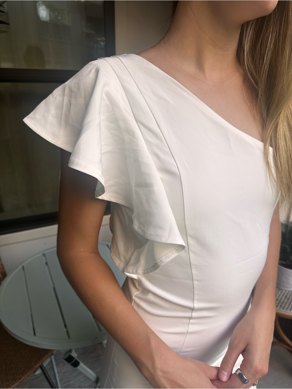 One-Shoulder Ruffle Bodycon Dress in White - Picture 3 of 3